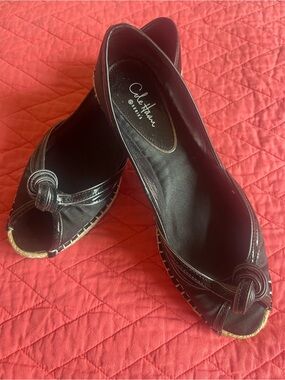 Cole Haan Black Peep-Toe Espadrille Flats with Knot Detail